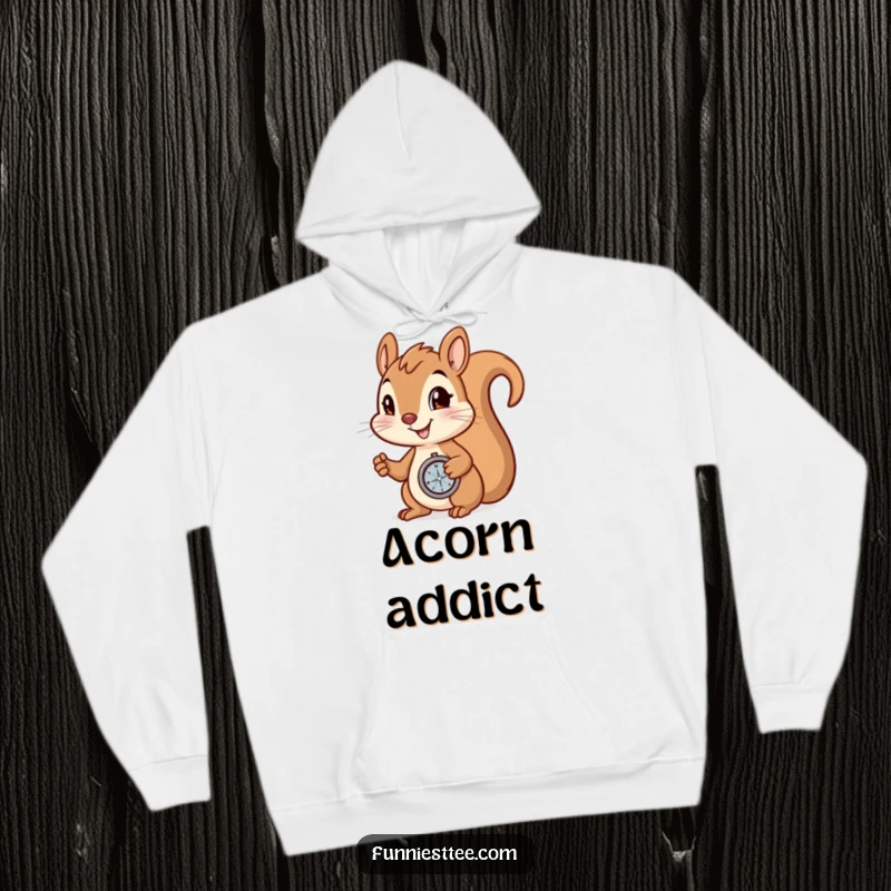 Funny Hoodie: Smiling squirrel holding a compass, determined to find a hidden nut, cozy and adventurous apparel.