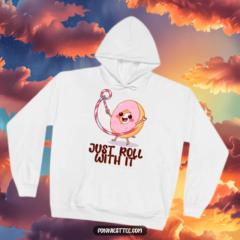 Funny hoodie illustrating a joyful donut effortlessly hula hooping with a licorice whip, exuding a fun and active personality.
