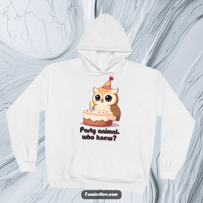 Funny owl hoodie, wearing a tilted party hat, curiously eyeing a birthday cake, cozy and festive.