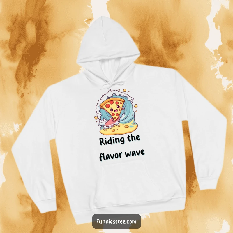 Funny determined pizza slice surfing a breaking wave of cheese on a hoodie, a cozy and comical design for food lovers.