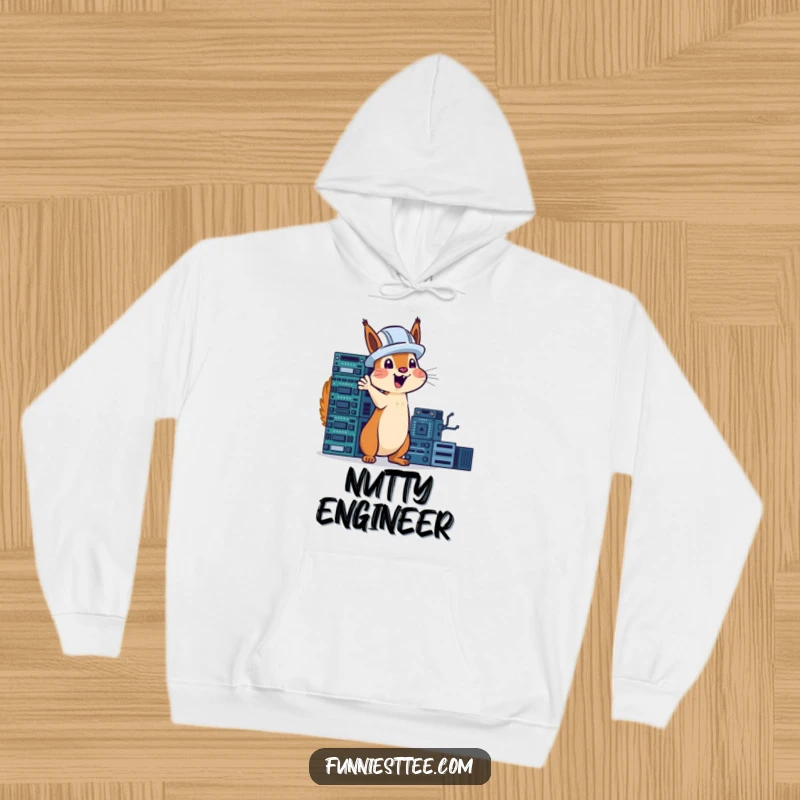 Funny squirrel in a hard hat excitedly gesturing towards a tower of circuit boards, tech humor on a cozy hoodie.