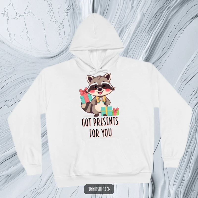 Funny raccoon hoodie, smiling in a sparkly bow tie while balancing a stack of gifts.