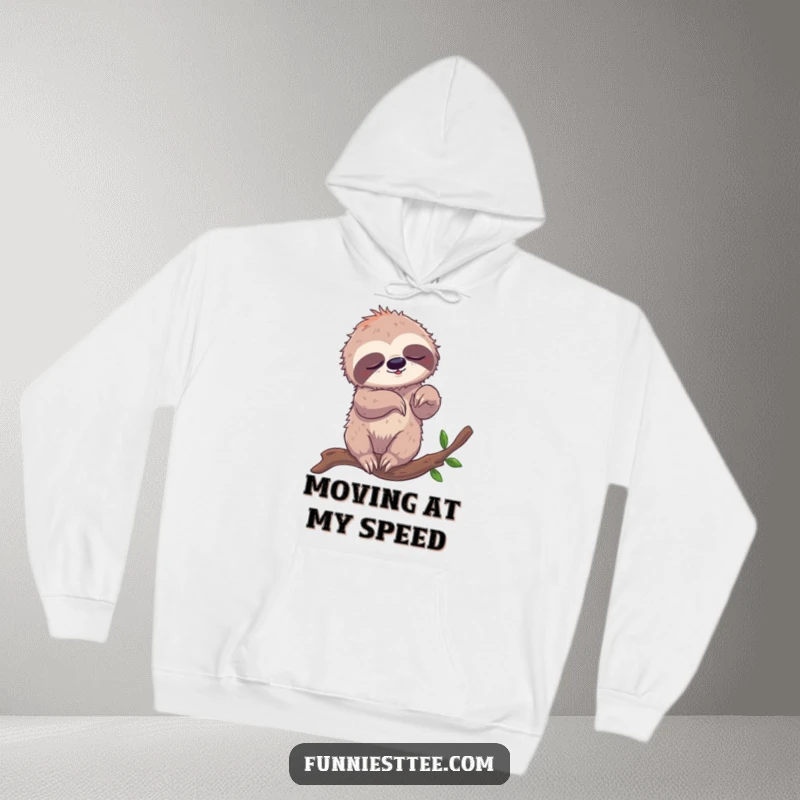 Funny hoodie with a sleepy sloth hilariously tangled in its limbs while attempting to breakdance on a branch, embodying slow-motion fun.