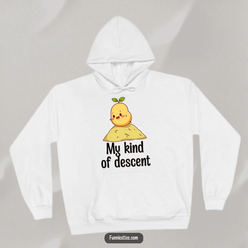Funny hoodie featuring a gleeful potato rolling downhill with gusto, radiating happiness and a can-do attitude for ultimate comfort.