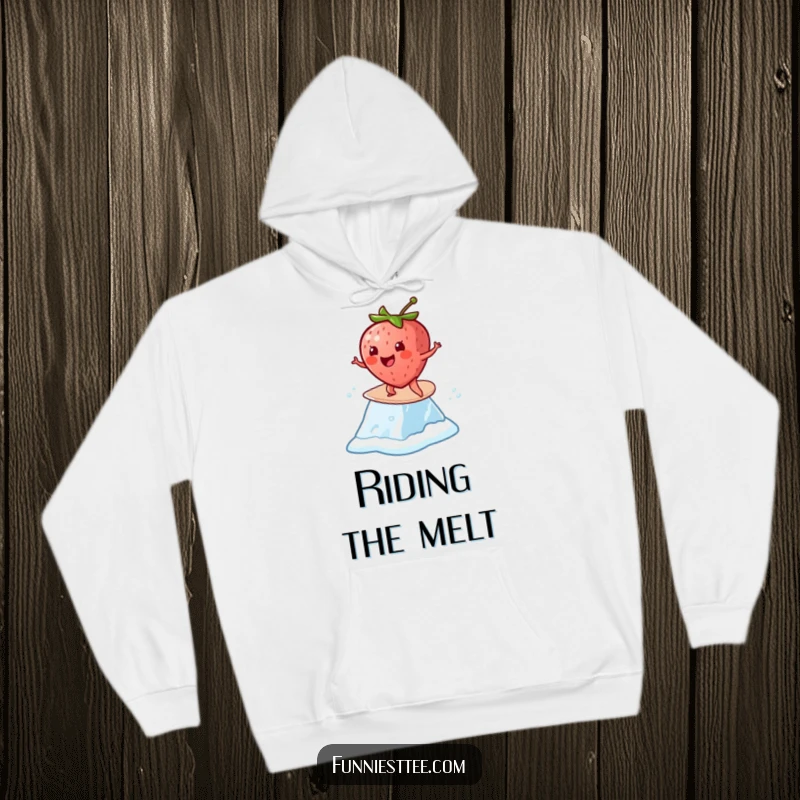 Funny Strawberry Surf Hoodie: A cheerful strawberry surfs on a melting ice cube, a soft and warm funny apparel.