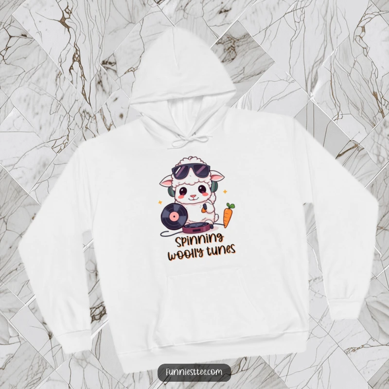 Funny hoodie showcasing a fluffy sheep wearing sunglasses, cooly DJing with a record and carrot, offering cozy and humorous music-themed comfort.