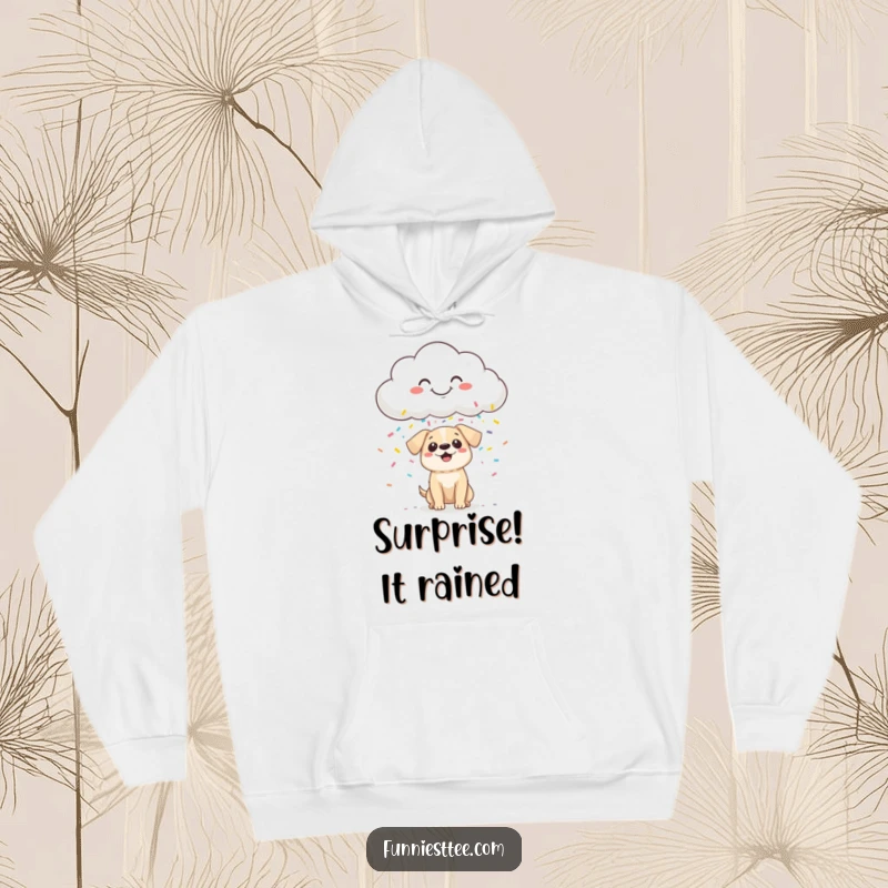 Funny Hoodie design: a smiling cloud playfully showers a small, surprised dog with a cascade of colorful confetti.