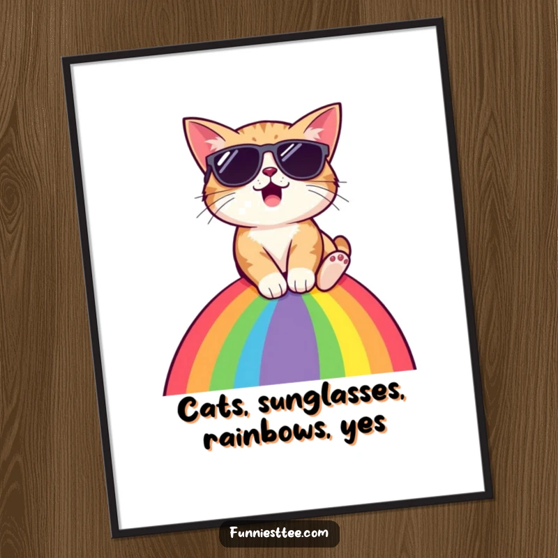 Funny Free Printable Wall Art: Surprised cat wearing sunglasses sliding down a vibrant rainbow. Quirky and imaginative printable decor.