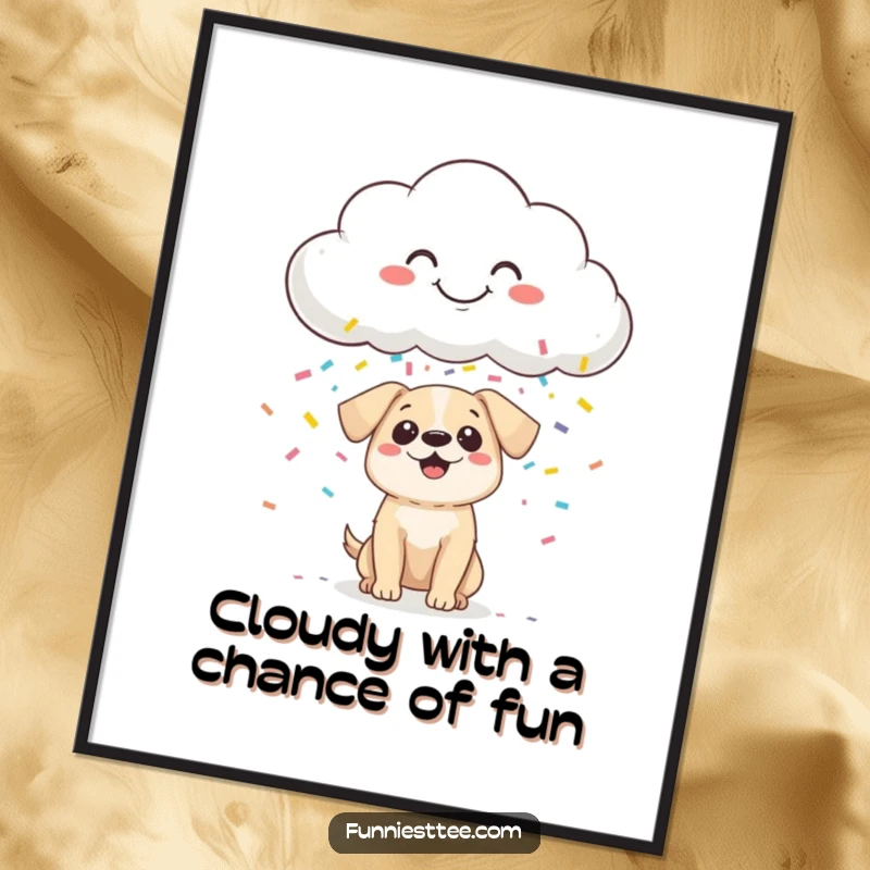 Funny Free Printable Wall Art: Smiling cloud rains colourful confetti onto a tiny, surprised dog, cute decor.