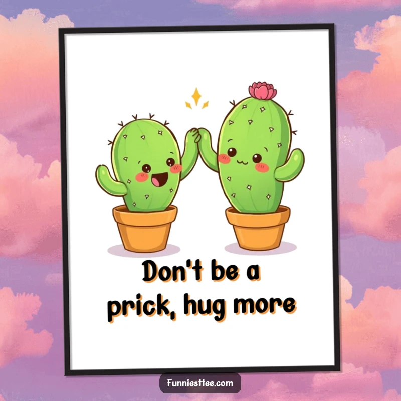 Funny free printable wall art, two prickly cactus characters cautiously reaching for a high-five, looking friendly.
