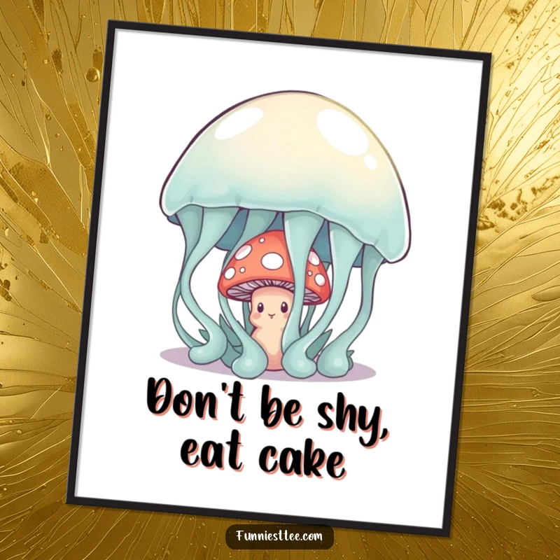 Funny Free Printable Wall Art: A shy mushroom peeking from behind a giant, wobbling jelly, creating a whimsical, funny scene.