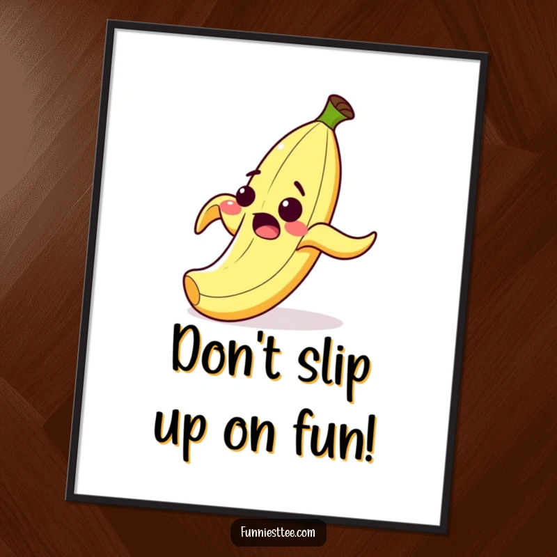 Funny Free Printable wall art of a cartoon banana peel with a wide grin, comically slipping on its own peel.