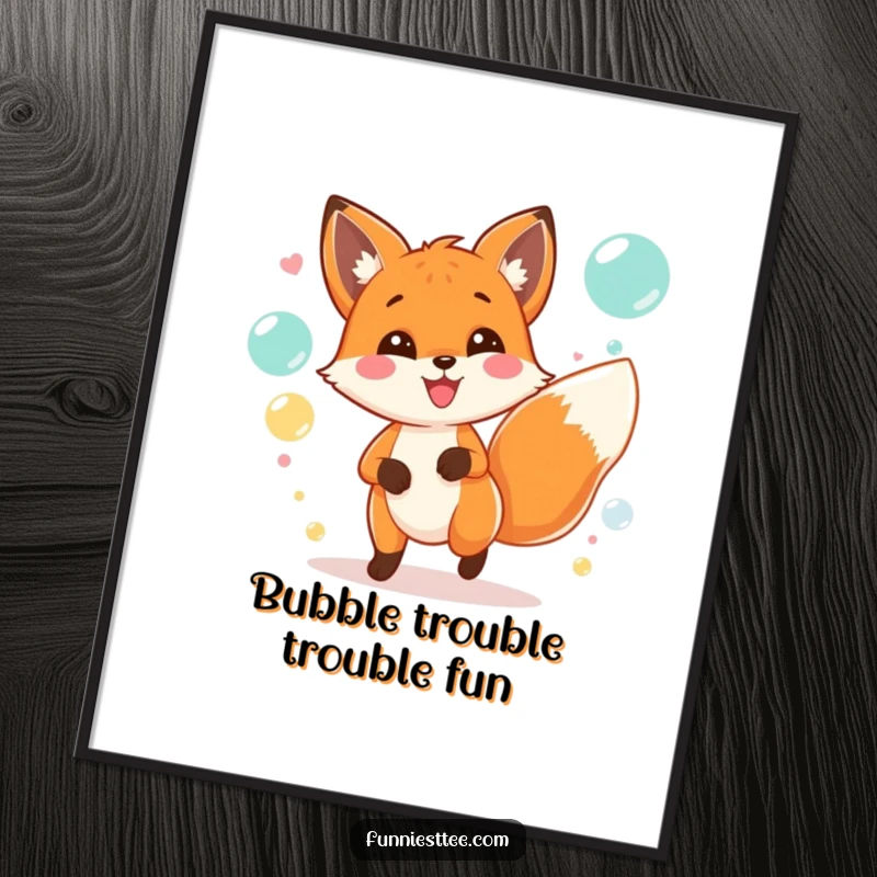 Funny Free Printable Wall Art: Cheerful fox with wagging tail joyfully chasing bubbles at a lively party, adding festive vibes.