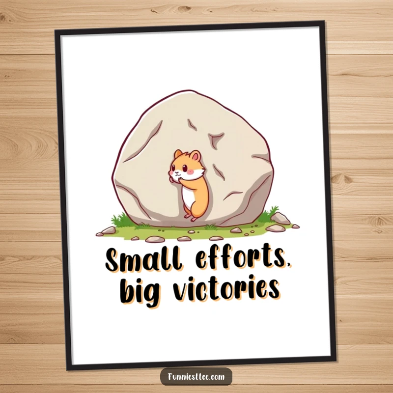 Funny Free Printable wall art featuring a minuscule hamster desperately trying to budge a gigantic boulder, a comical scene.