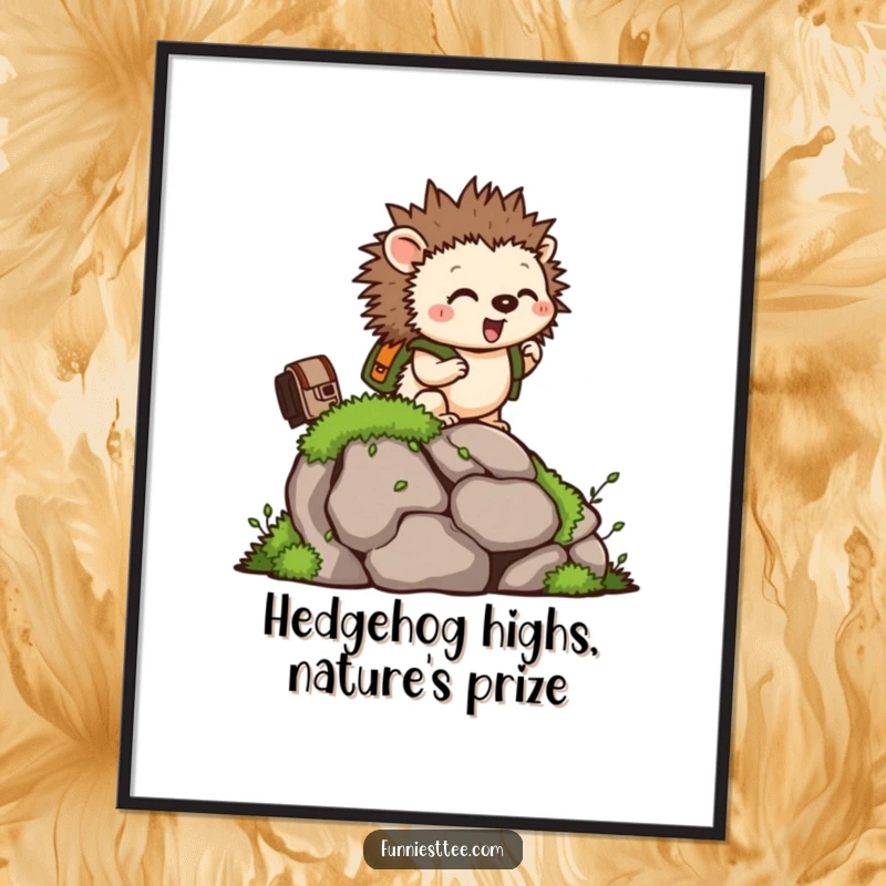 Funny Free Printable Wall Art: Tiny hedgehog with a backpack excitedly climbs a mossy rock, bringing woodland charm indoors.