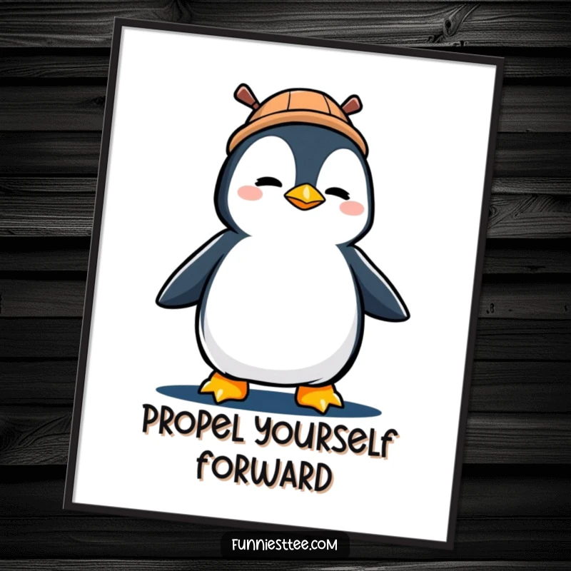 Funny Free Printable Wall Art: Determined penguin in propeller hat marching with gusto, embodying motivation and humor.