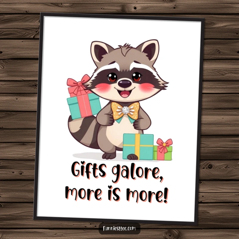 Funny Free Printable Wall Art: A smiling raccoon in a sparkly bow tie, expertly balancing a tower of gifts, exuding playful sophistication.