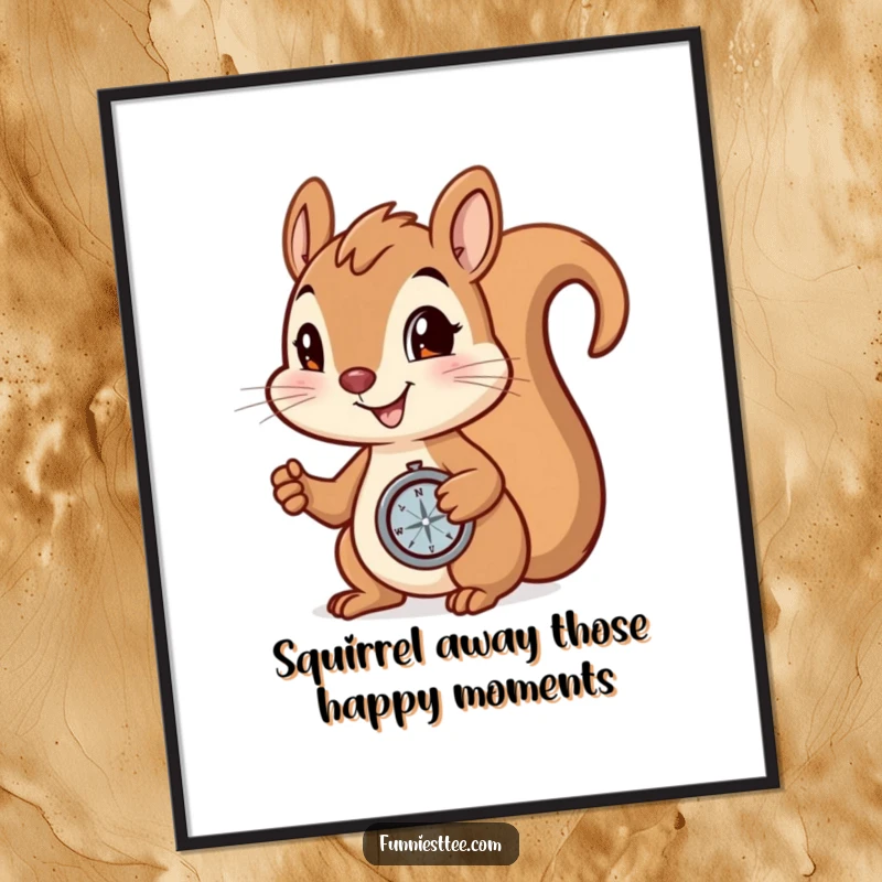 Funny Free Printable Wall Art: Focused squirrel with a compass, determined gaze fixed on uncovering a hidden, delicious nut.
