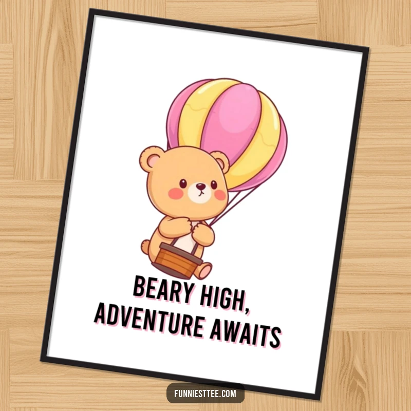 Funny Free Printable Wall Art: A cute bear cub holds a balloon string, drifting dreamily upwards.