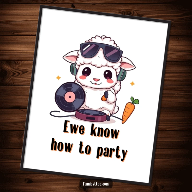 Funny Free Printable Wall Art: A fluffy sheep wearing sunglasses, DJing with a record and a carrot, a cool, humorous piece.