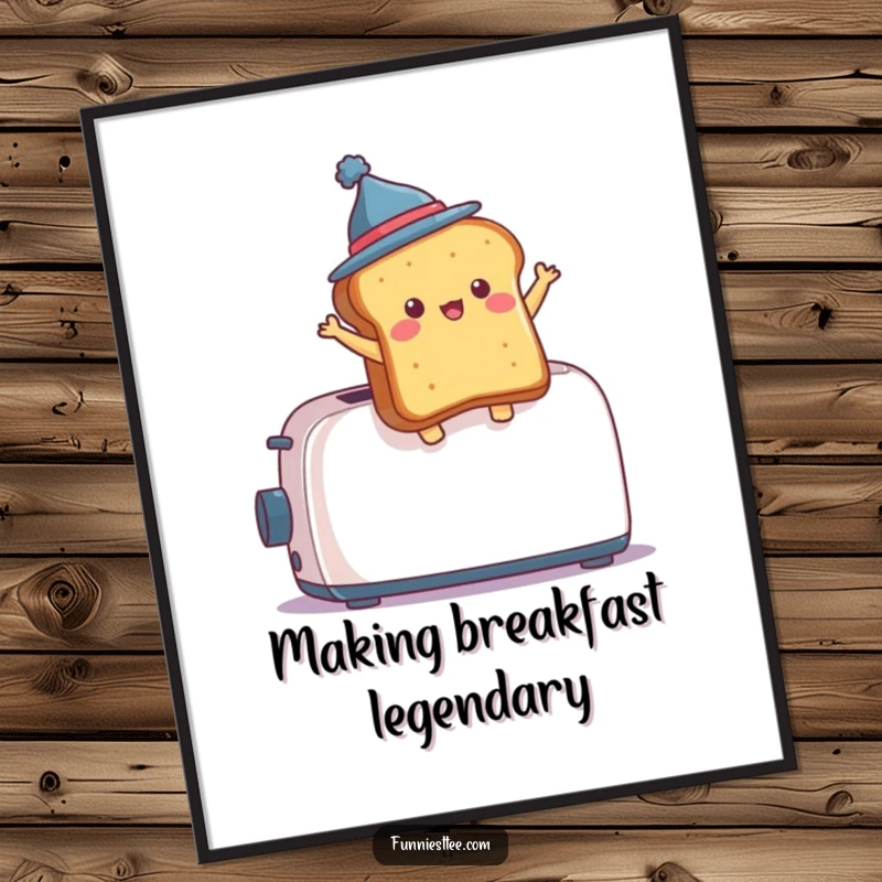 Funny Free Printable Wall Art: Toast wearing a hat comically leaps from a toaster, adding humor to your room.