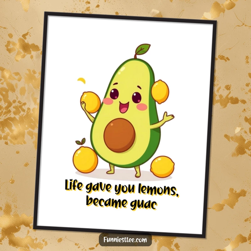 Funny Free Printable Wall Art: A smiling avocado character hilariously attempting to juggle three bright yellow lemons, looking focused.