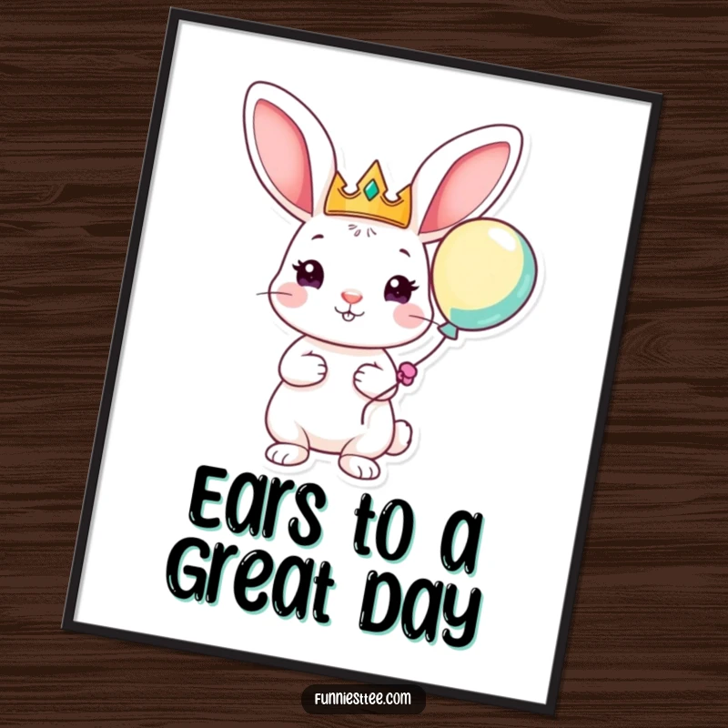 Funny Free Printable Wall Art: A playful rabbit with oversized ears wears a crown and holds a balloon.
