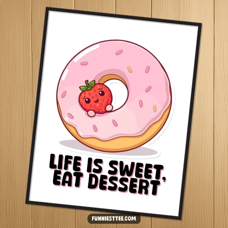 Funny Free Printable Wall Art: A shy strawberry peeks from behind a giant, giggling donut, sweet decor.
