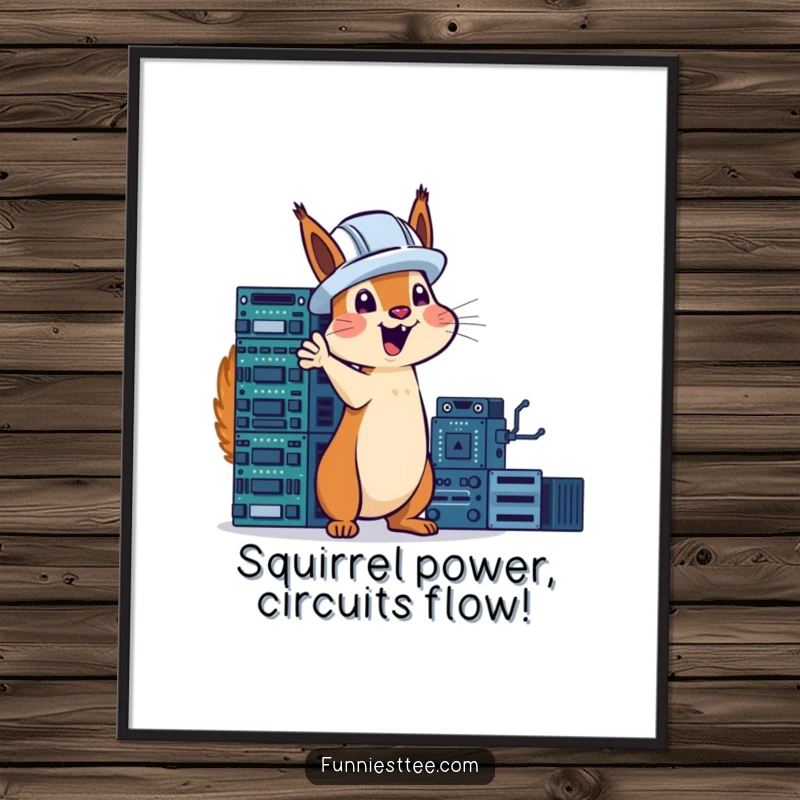 Funny Free Printable Wall Art: Squirrel wearing a hard hat excitedly gestures towards an impressive tower of circuit boards, a tech innovator.