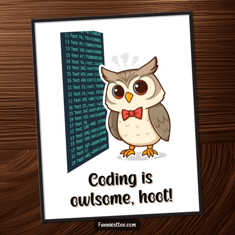 Funny Free Printable Wall Art: Curious owl wearing a bow tie peers intently at lines of code on a computer screen, a digital scholar.