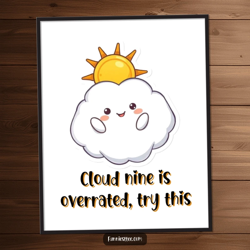 Funny free printable wall art, a smiling cloud character floating upside down, holding a bright, cheerful sun.