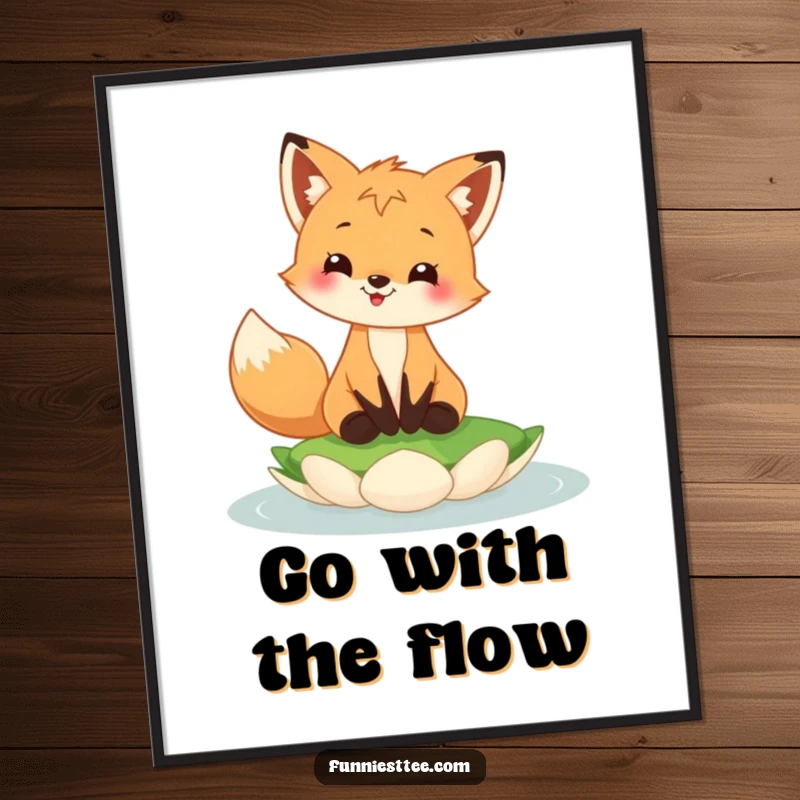 Funny Free Printable Wall Art: Happy fox cub with a wide grin, confidently balancing on a green floating lily pad, embodying carefree fun.