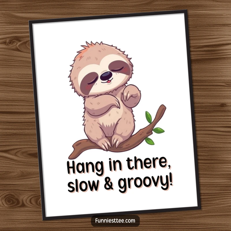 Funny Free Printable Wall Art: Sleepy sloth hilariously tangled while attempting breakdance moves on a branch.