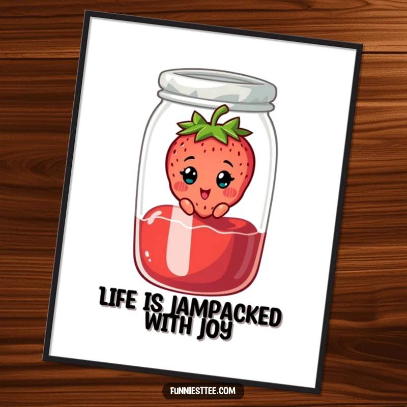 Funny Free Printable wall art of a cheerful strawberry character looking surprised, stuck inside a jam jar.