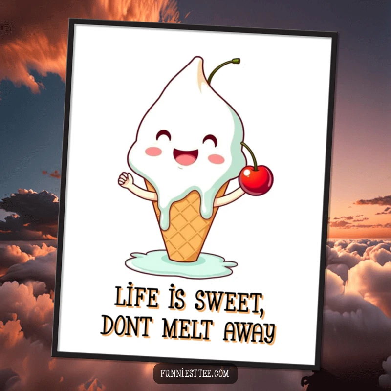 Funny Free Printable Wall Art of a smiling, slightly melting ice cream cone attempting a high-five with a cherry, full of personality.