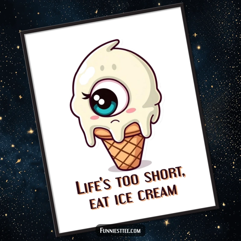 Funny Free Printable wall art of a melting ice cream cone with a single giant eye, looking completely confused.
