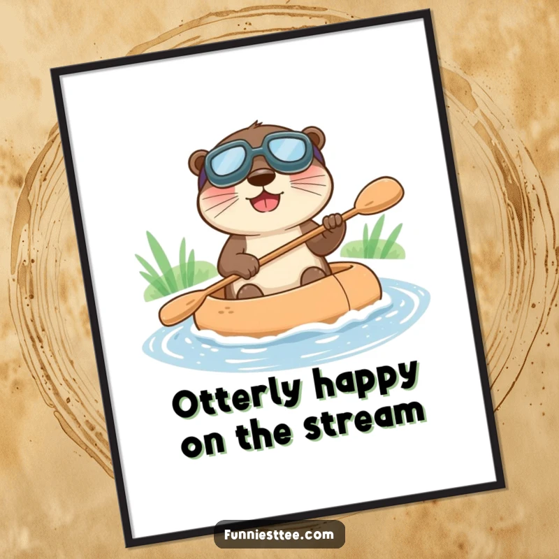 Funny Free Printable Wall Art: Happy otter in goggles paddling a miniature raft down a stream, bringing aquatic humor indoors.