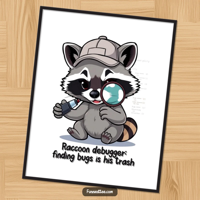 Funny Free Printable wall art of a determined raccoon with a backwards cap, debugging code.