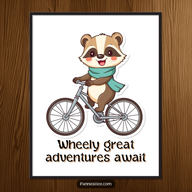Funny Free Printable Wall Art: Cheerful badger wearing a scarf, riding a bicycle with comically large, wobbly wheels, embodying pure, unadulterated joy.