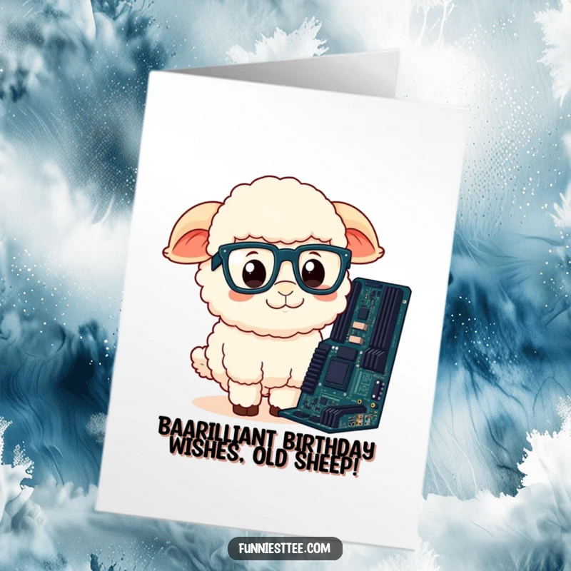 Funny Free Printable sheep with glasses confused by a motherboard, perfect for a birthday.