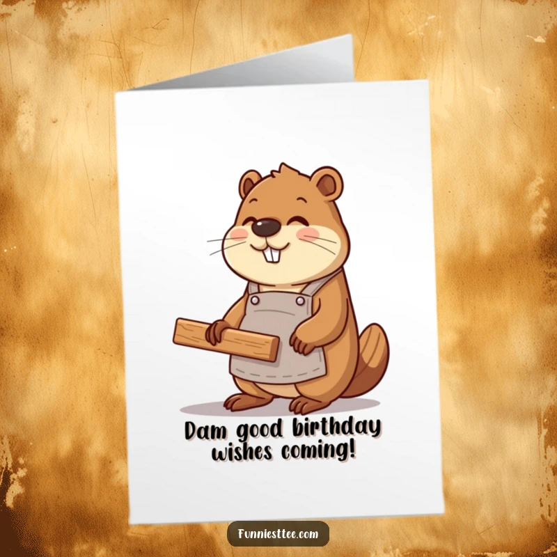 Funny Free Printable Birthday Card: Busy beaver in apron building a website with wood planks, creating a hilarious greeting.