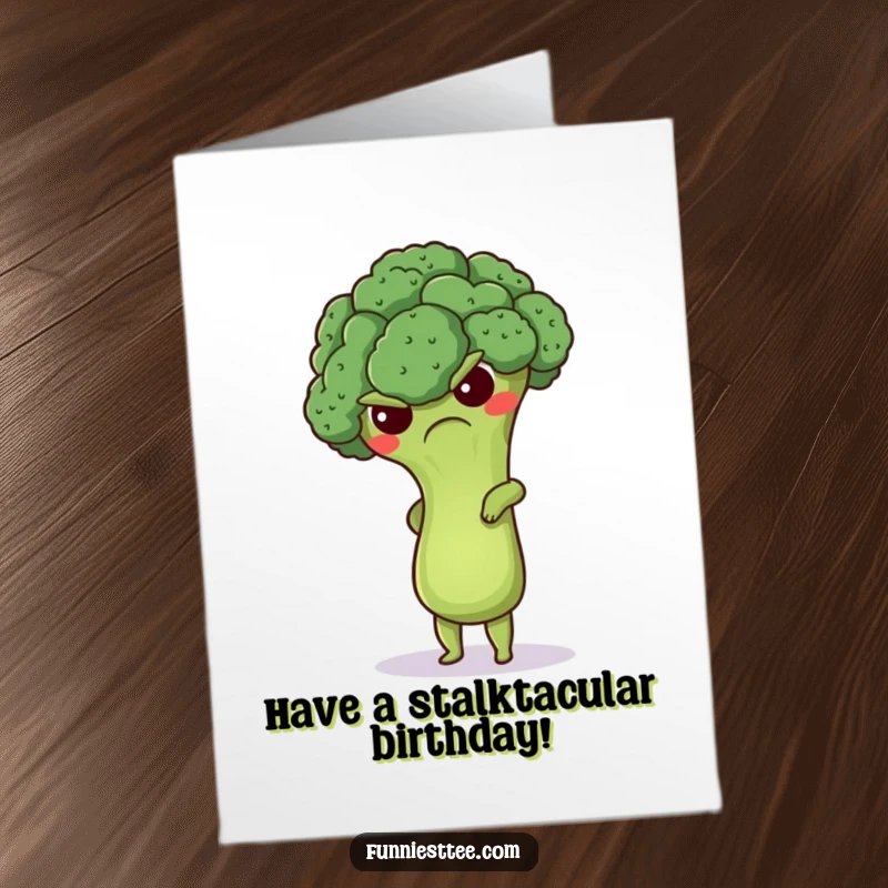 Funny Free Printable Birthday Card featuring a grumpy but cute broccoli floret attempting a wobbly handstand, full of personality.