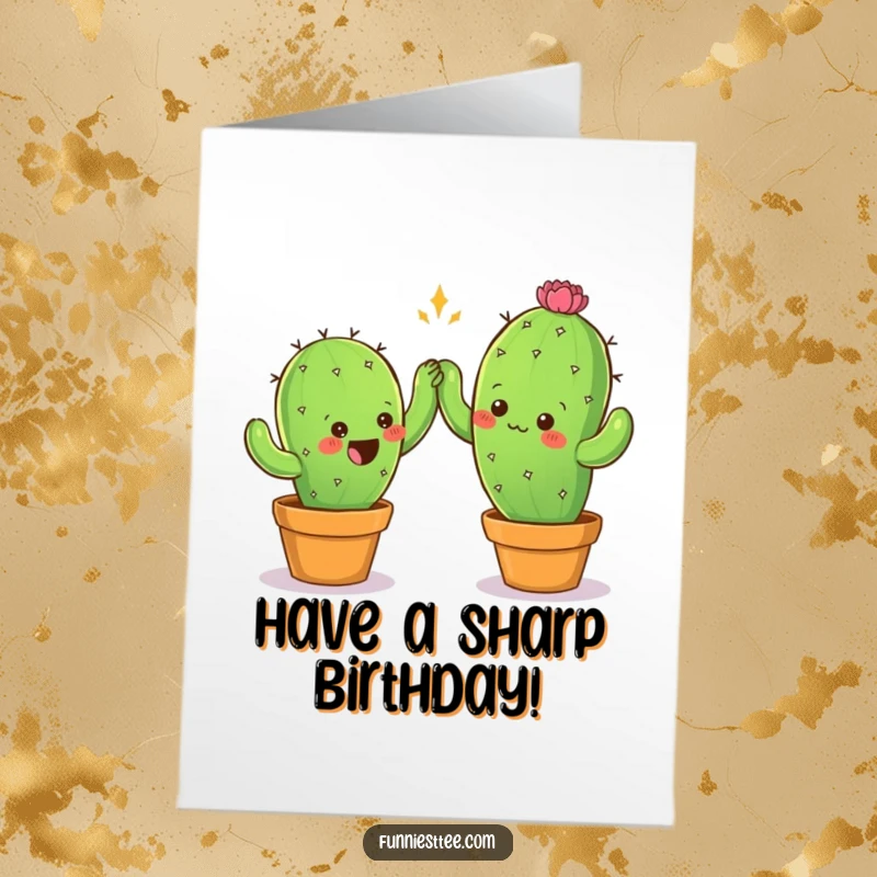 Funny free printable birthday card, two prickly cactus characters reaching for a cautious high-five.