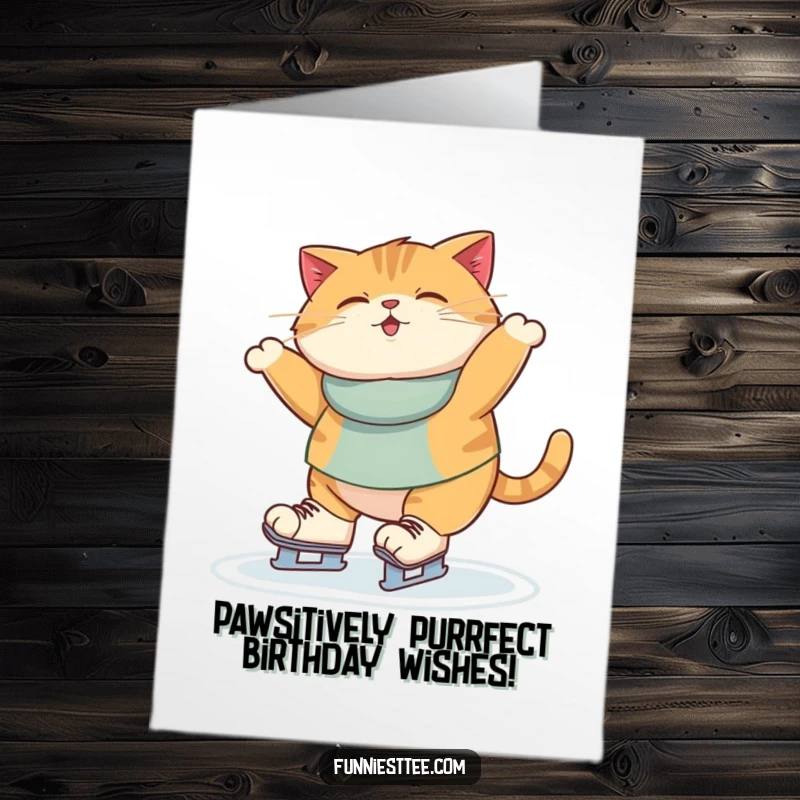 Funny Free Printable Birthday Card: Round cat hilariously wobbles on ice skates with big paws, pure birthday joy.