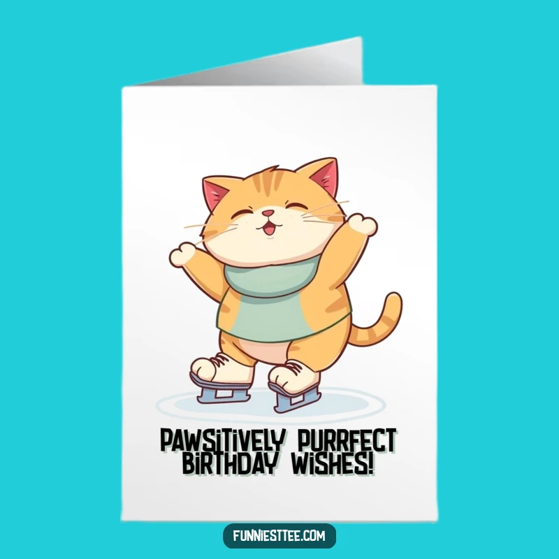 Free Printable Funny Birthday Card: Chubby Cat Ice Skating Fail Digital Download