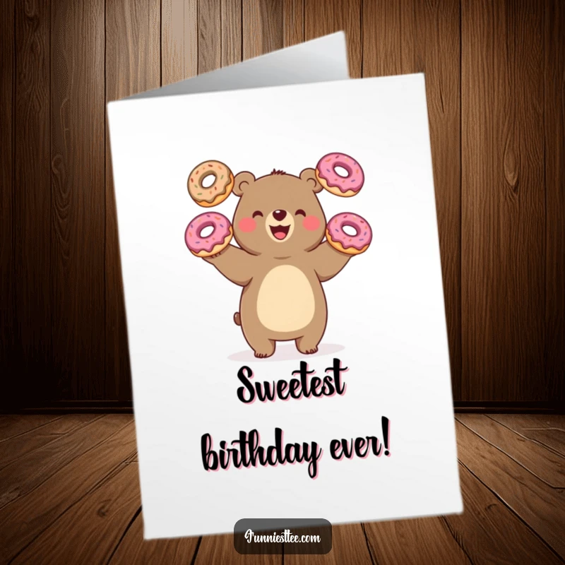 Free Printable Birthday Card: Happy bear comically juggling three oversized donuts with one paw, celebrating a delicious birthday.