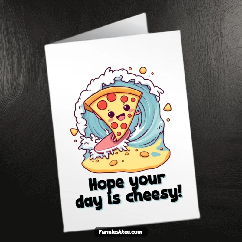 Funny Free Printable Birthday Card: A pizza slice surfs a cheese wave, capturing thrilling, cheesy birthday humor.