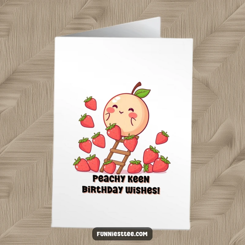 Funny Free Printable Birthday Card: Round, blushing peach struggling to climb a ladder made of juicy strawberries, looking determined.