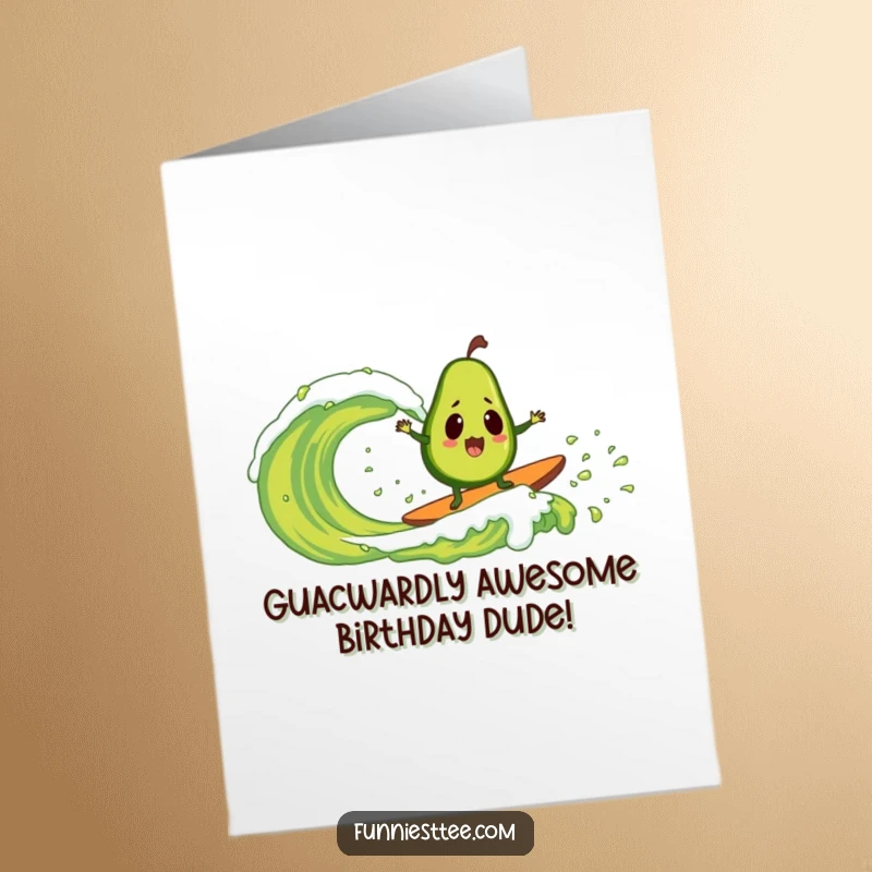 Funny Free Printable Birthday Card: Surprised avocado hilariously surfing a giant guacamole wave, shouting Oh man!