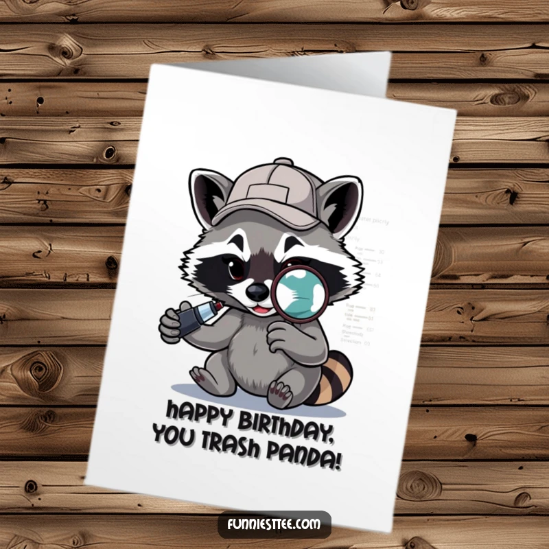 Funny Free Printable determined raccoon with a backwards cap debugging code with a magnifying glass for birthday.